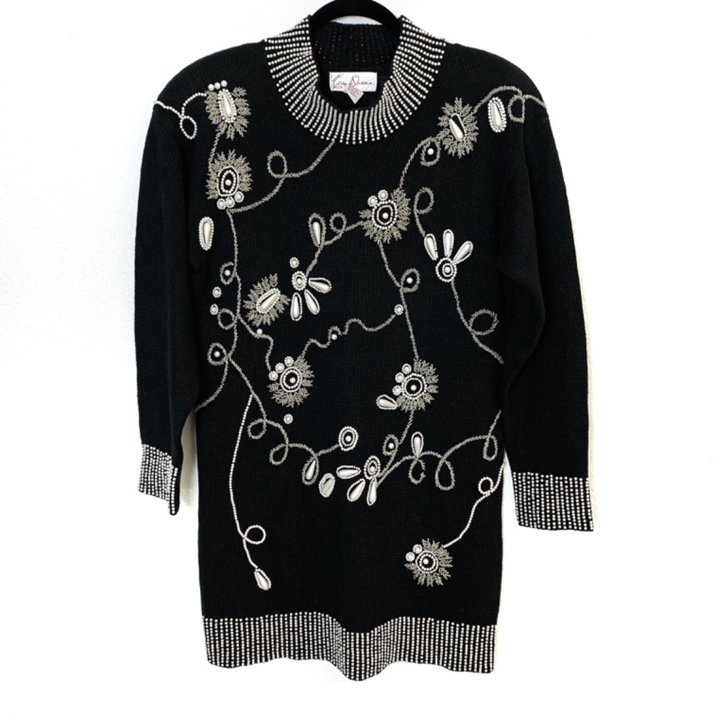 Vintage Eddie Dassin Beaded Sweater Tunic Dress Black Small 80's Goldbergs Party